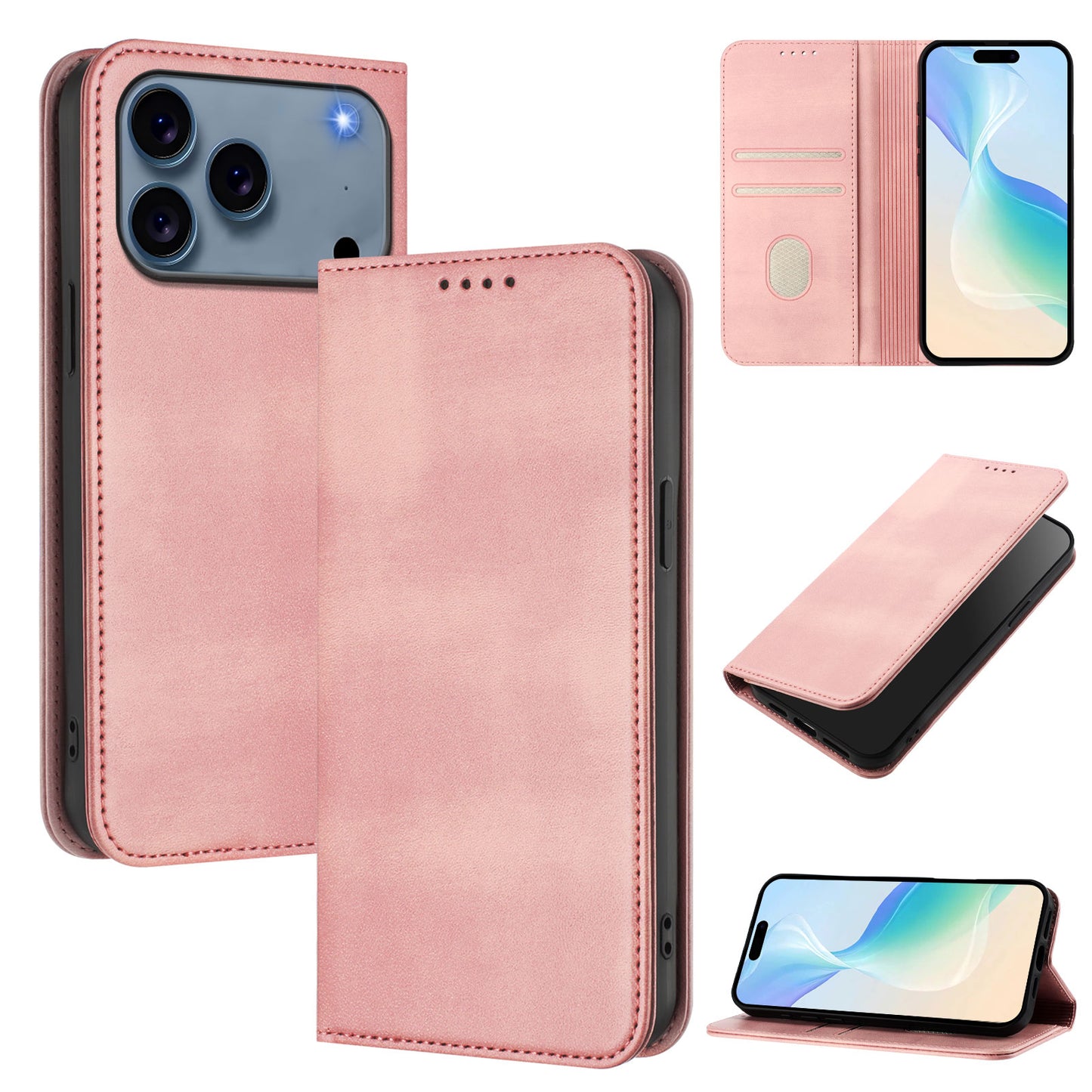 For iPhone 17 Pro Max Wallet Cases Retro Texture RFID Blocking Leather Phone Cover - Pink