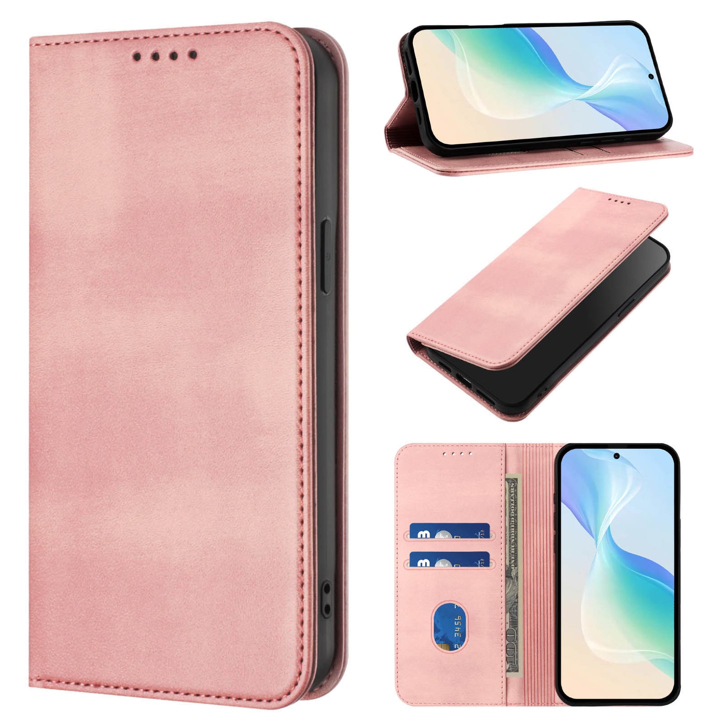For iPhone 17 Pro Max Wallet Cases Retro Texture RFID Blocking Leather Phone Cover - Pink