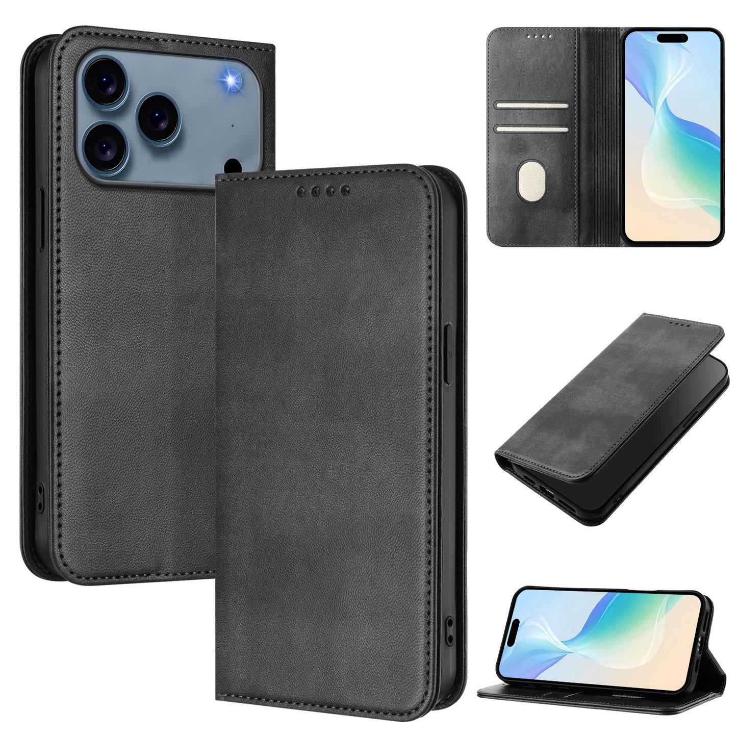 For iPhone 17 Pro Max Wallet Cases Retro Texture RFID Blocking Leather Phone Cover - Black