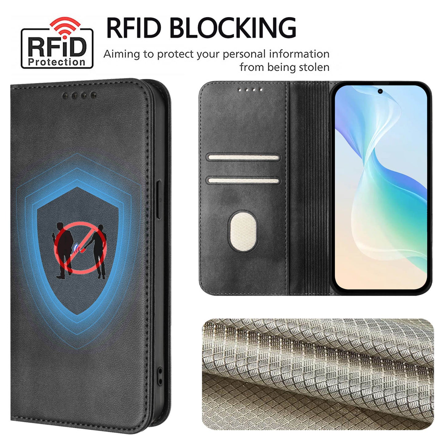 For iPhone 17 Pro Max Wallet Cases Retro Texture RFID Blocking Leather Phone Cover - Black
