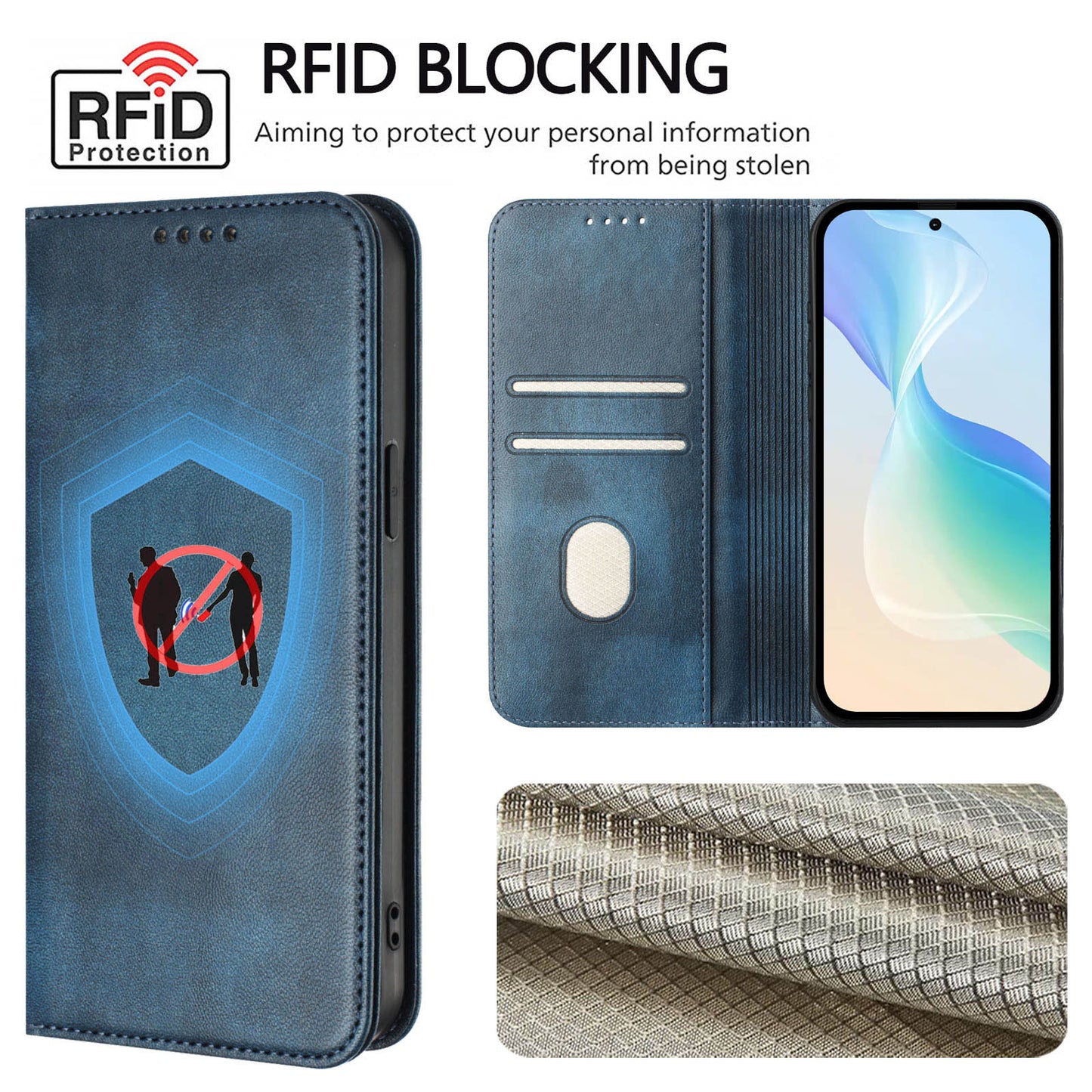 For iPhone 17 Pro Max Wallet Cases Retro Texture RFID Blocking Leather Phone Cover - Blue