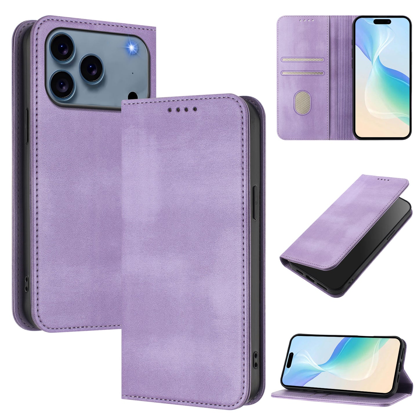 For iPhone 17 Pro Max Wallet Cases Retro Texture RFID Blocking Leather Phone Cover - Light Purple