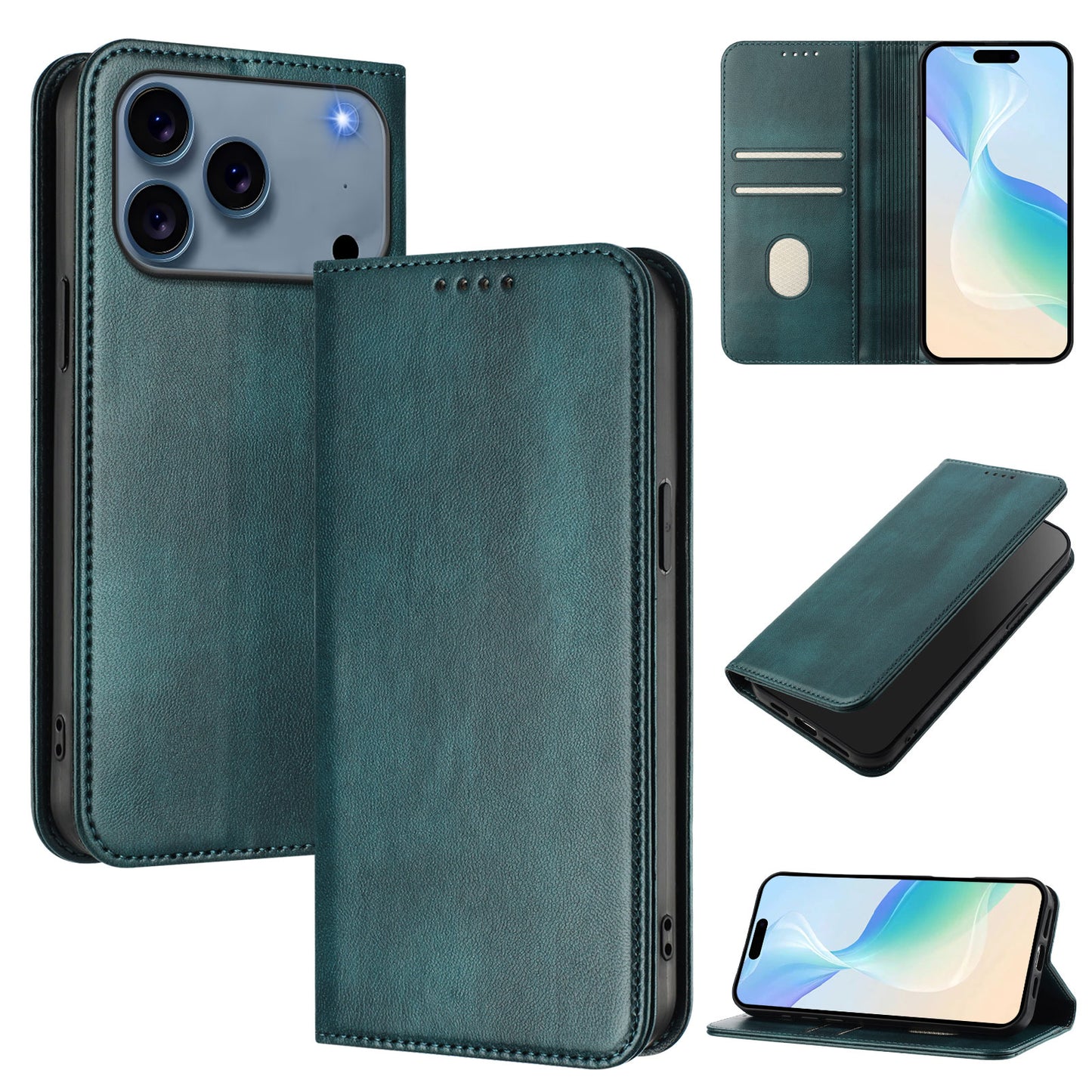 For iPhone 17 Pro Max Wallet Cases Retro Texture RFID Blocking Leather Phone Cover - Dark Green