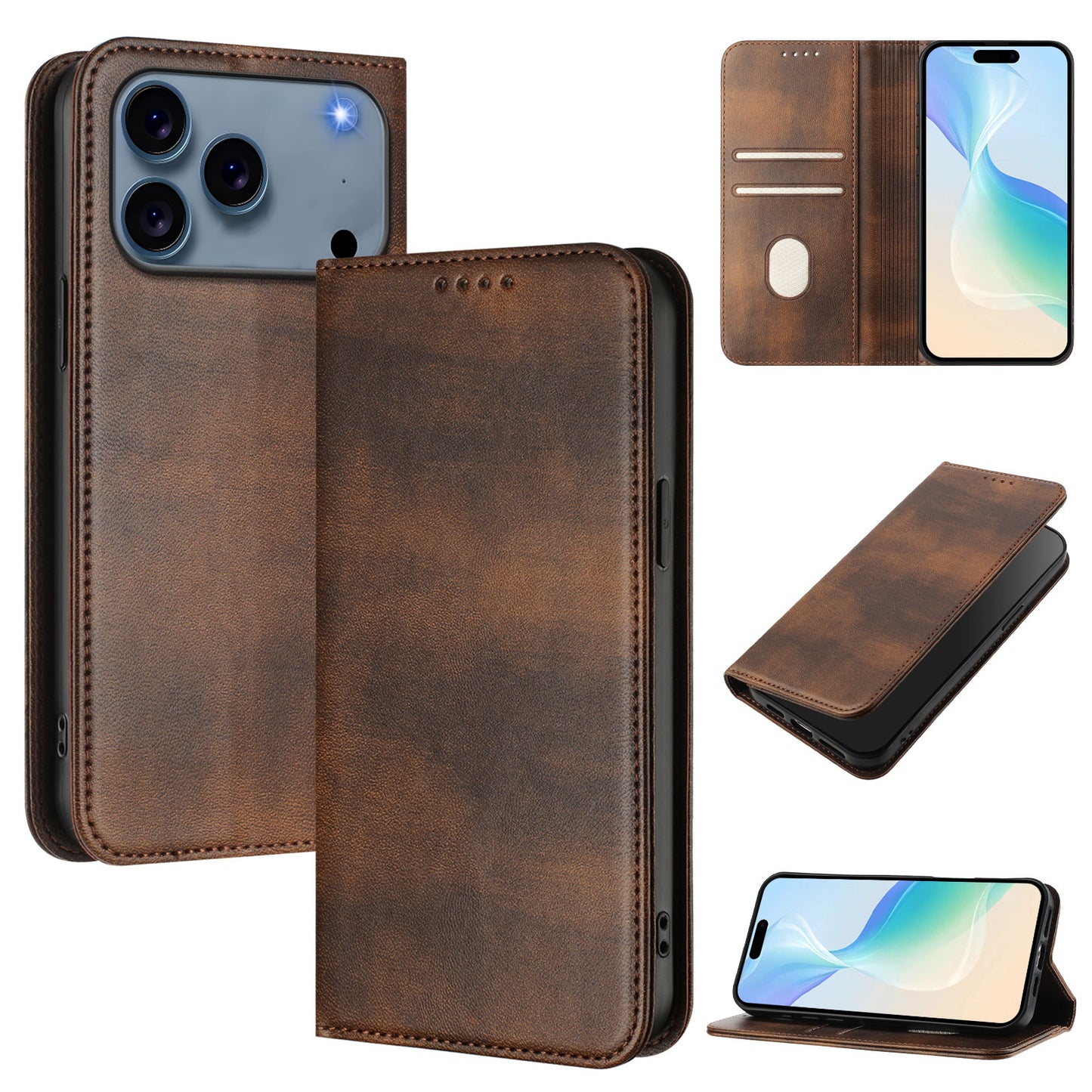 For iPhone 17 Pro Max Wallet Cases Retro Texture RFID Blocking Leather Phone Cover - Brown