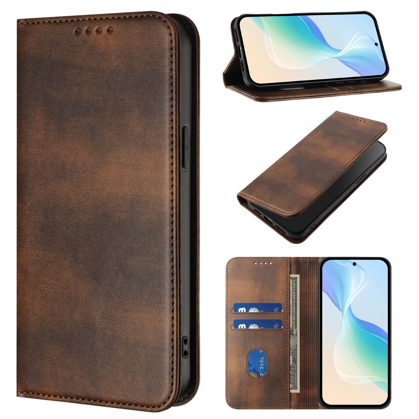 For iPhone 17 Pro Max Wallet Cases Retro Texture RFID Blocking Leather Phone Cover - Brown