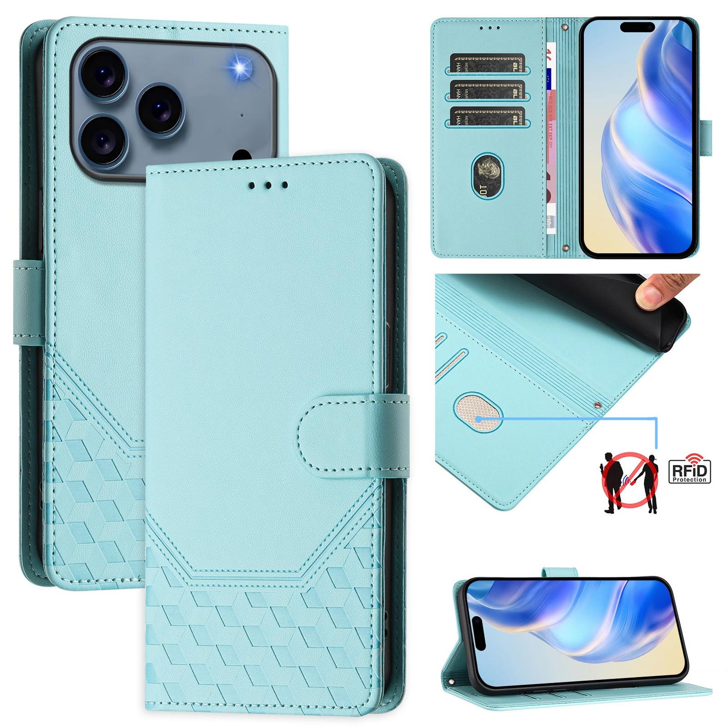 For iPhone 17 Pro Max Case Imprinted Honeycomb RFID Blocking Leather Phone Cover with Strap - Mint Green