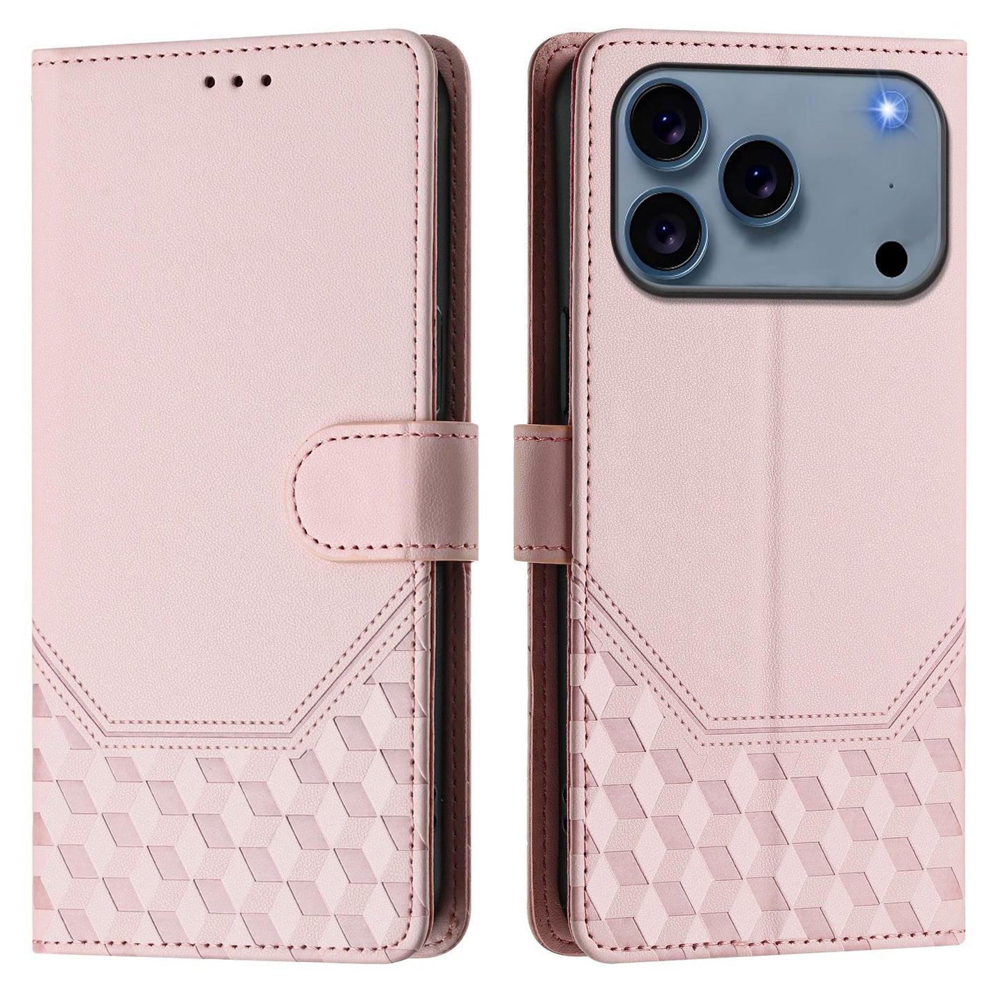 For iPhone 17 Pro Max Case Imprinted Honeycomb RFID Blocking Leather Phone Cover with Strap - Pink