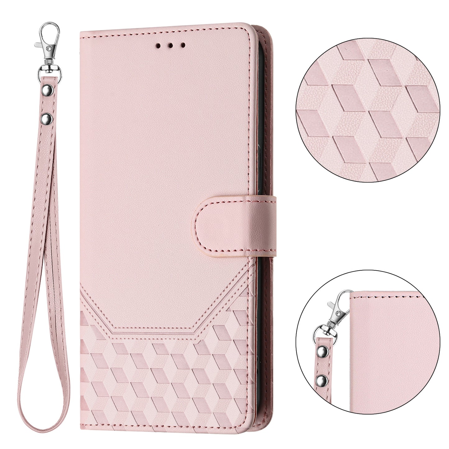 For iPhone 17 Pro Max Case Imprinted Honeycomb RFID Blocking Leather Phone Cover with Strap - Pink