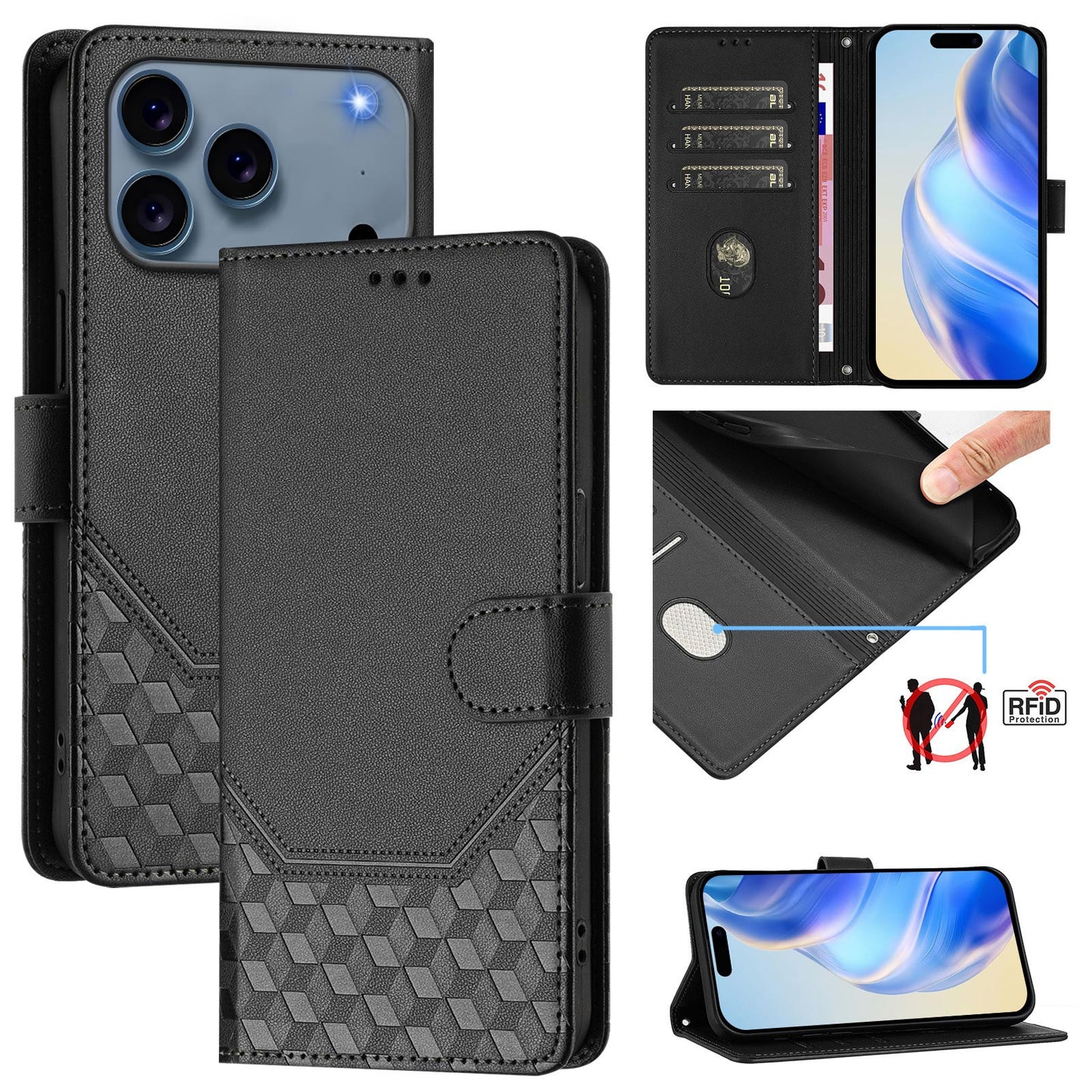 For iPhone 17 Pro Max Case Imprinted Honeycomb RFID Blocking Leather Phone Cover with Strap - Black