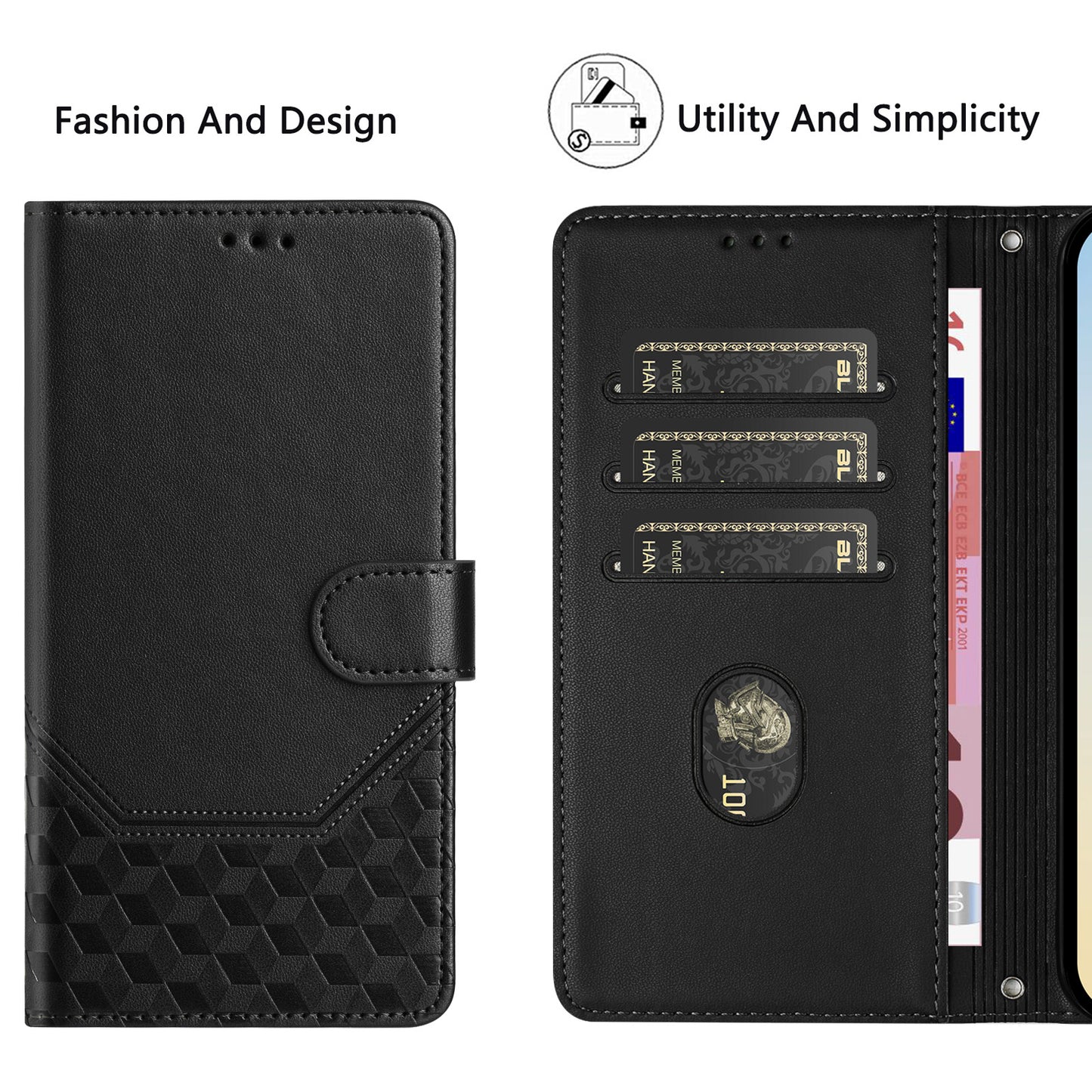 For iPhone 17 Pro Max Case Imprinted Honeycomb RFID Blocking Leather Phone Cover with Strap - Black