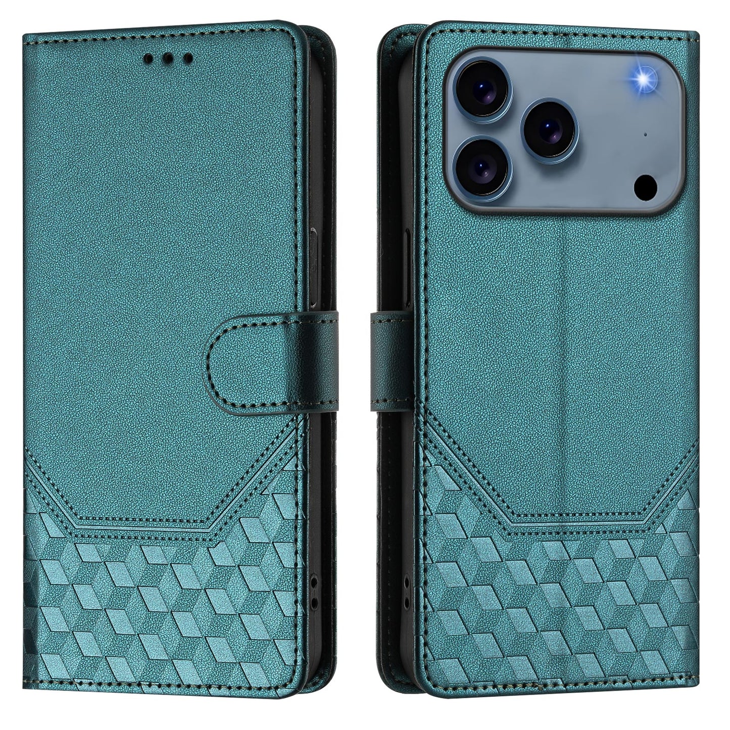 For iPhone 17 Pro Max Case Imprinted Honeycomb RFID Blocking Leather Phone Cover with Strap - Green