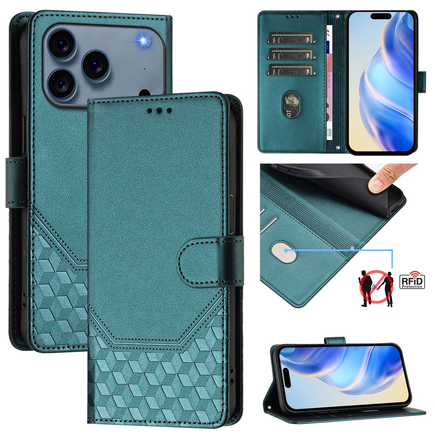 For iPhone 17 Pro Max Case Imprinted Honeycomb RFID Blocking Leather Phone Cover with Strap - Green