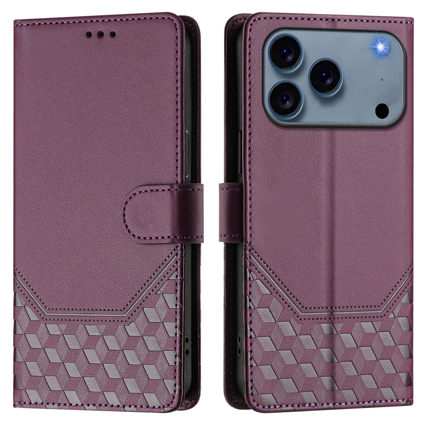 For iPhone 17 Pro Max Case Imprinted Honeycomb RFID Blocking Leather Phone Cover with Strap - Dark Purple