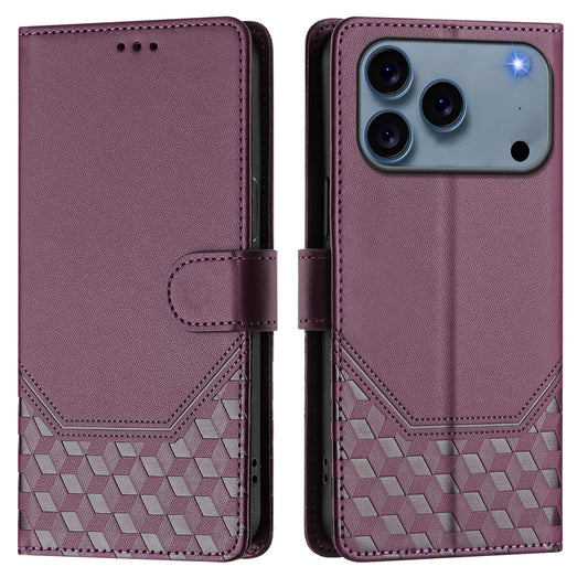 For iPhone 17 Pro Max Case Imprinted Honeycomb RFID Blocking Leather Phone Cover with Strap - Dark Purple