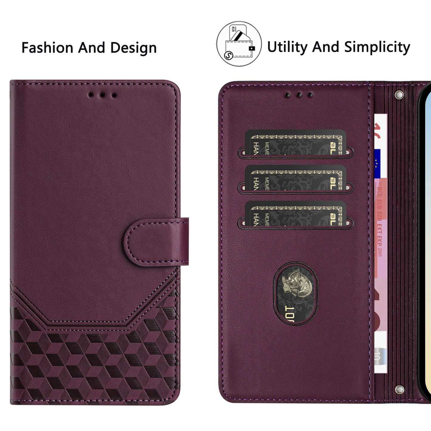 For iPhone 17 Pro Max Case Imprinted Honeycomb RFID Blocking Leather Phone Cover with Strap - Dark Purple