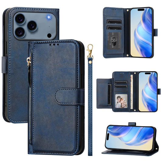 For iPhone 17 Pro Max Case Zipper Pocket Multiple Card Slots Leather Phone Cover - Blue