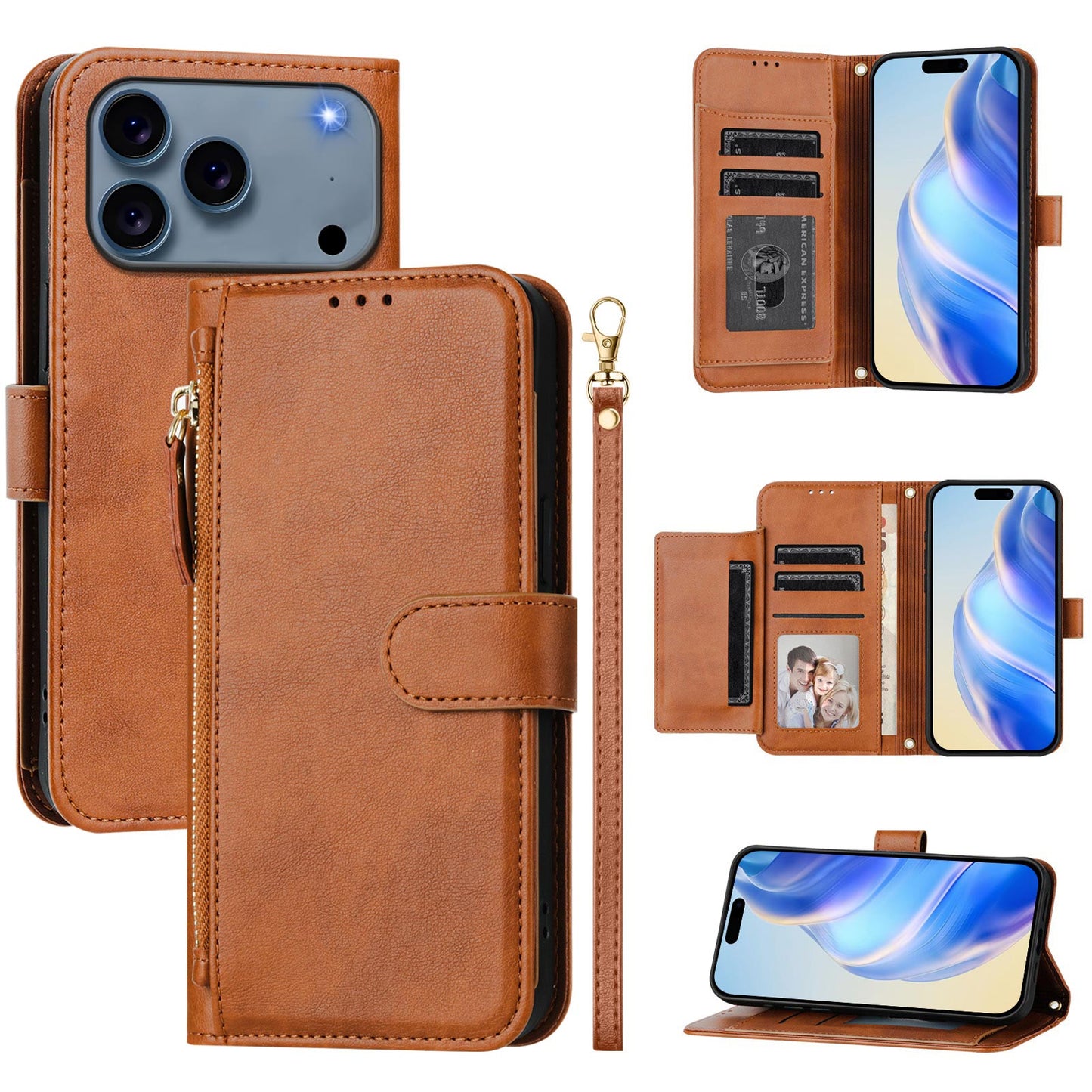 For iPhone 17 Pro Max Case Zipper Pocket Multiple Card Slots Leather Phone Cover - Brown