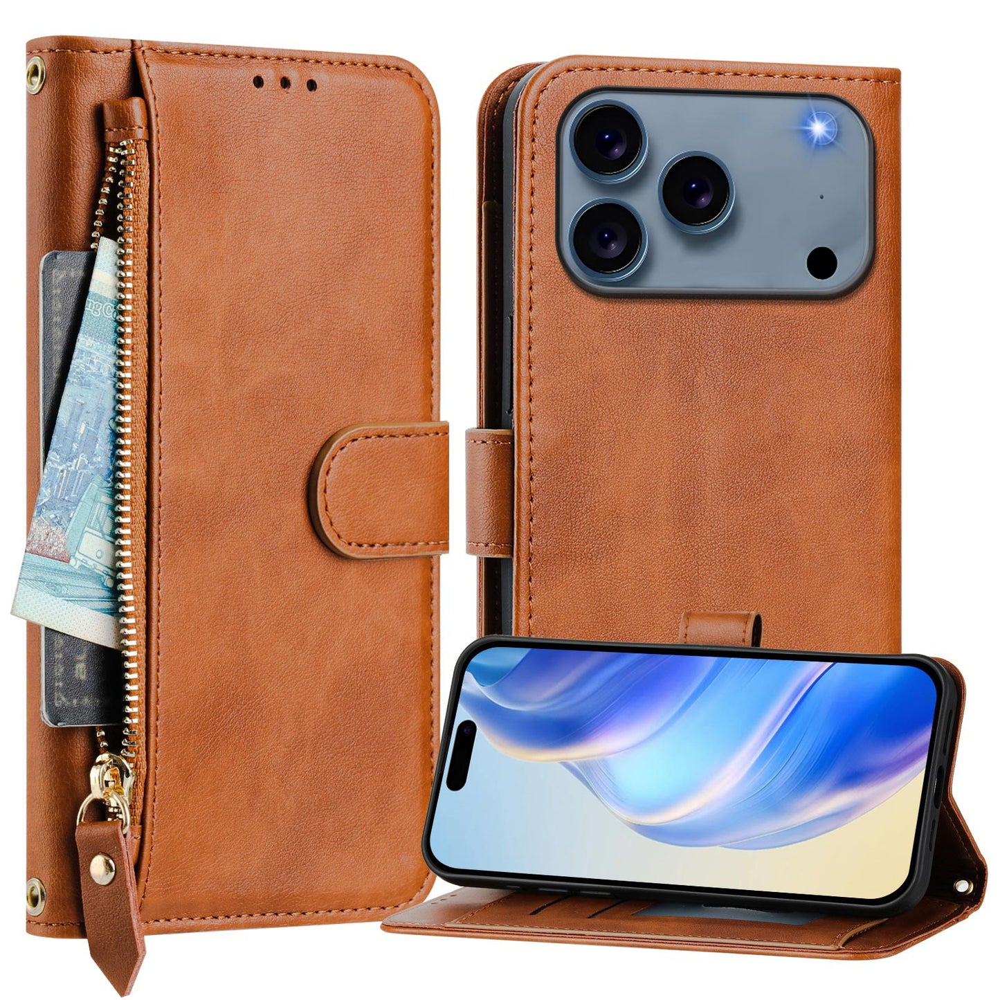For iPhone 17 Pro Max Case Zipper Pocket Multiple Card Slots Leather Phone Cover - Brown