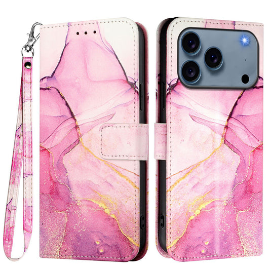 For iPhone 17 Pro Max Case with Strap Marble Pattern Leather Phone Cover Card Holder - Pink / Purple / Gold LS001