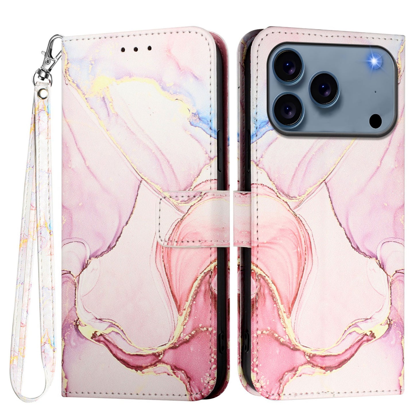 For iPhone 17 Pro Max Case with Strap Marble Pattern Leather Phone Cover Card Holder - Rose Gold LS005