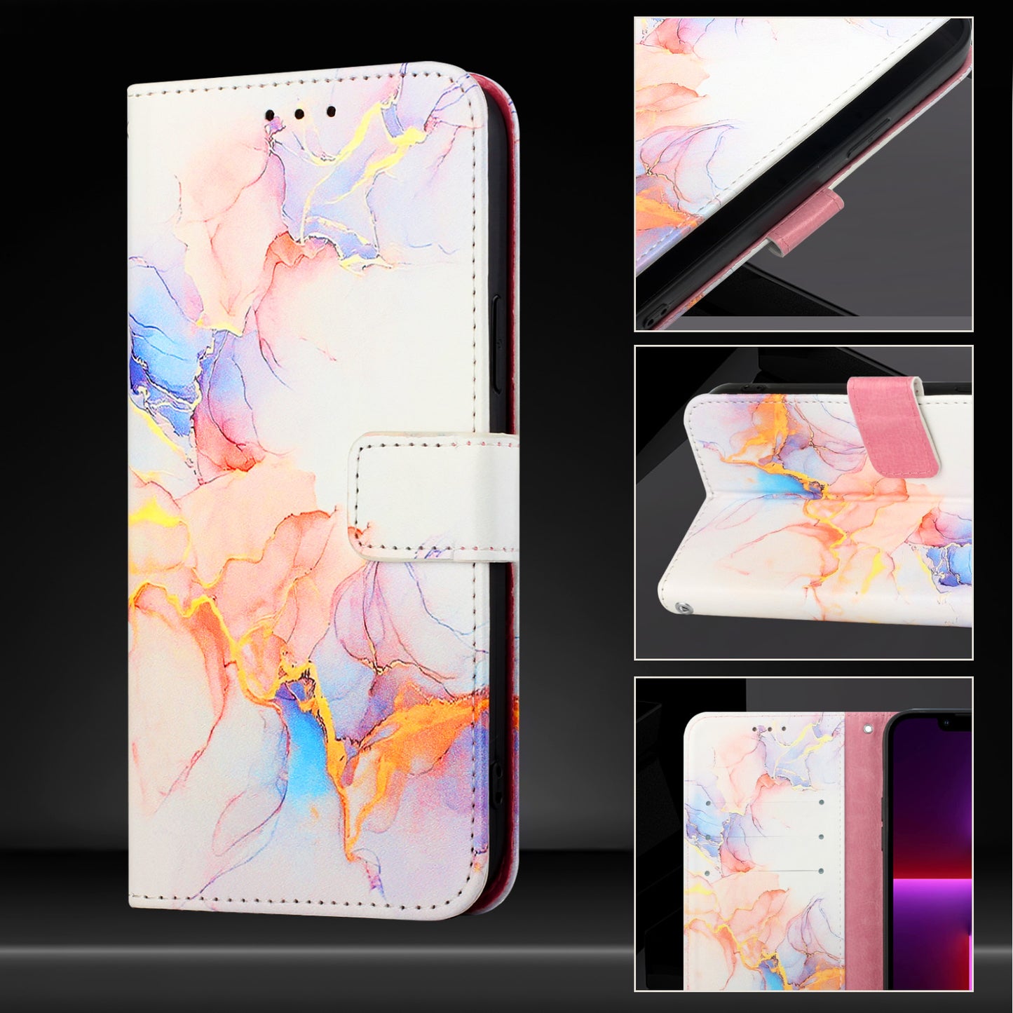 For iPhone 17 Pro Max Case with Strap Marble Pattern Leather Phone Cover Card Holder - Milky Way Marble White LS004
