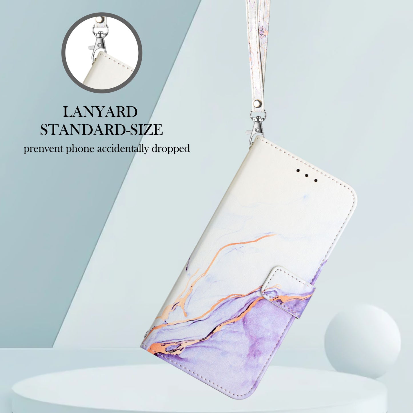 For iPhone 17 Pro Max Case with Strap Marble Pattern Leather Phone Cover Card Holder - White / Purple LS006