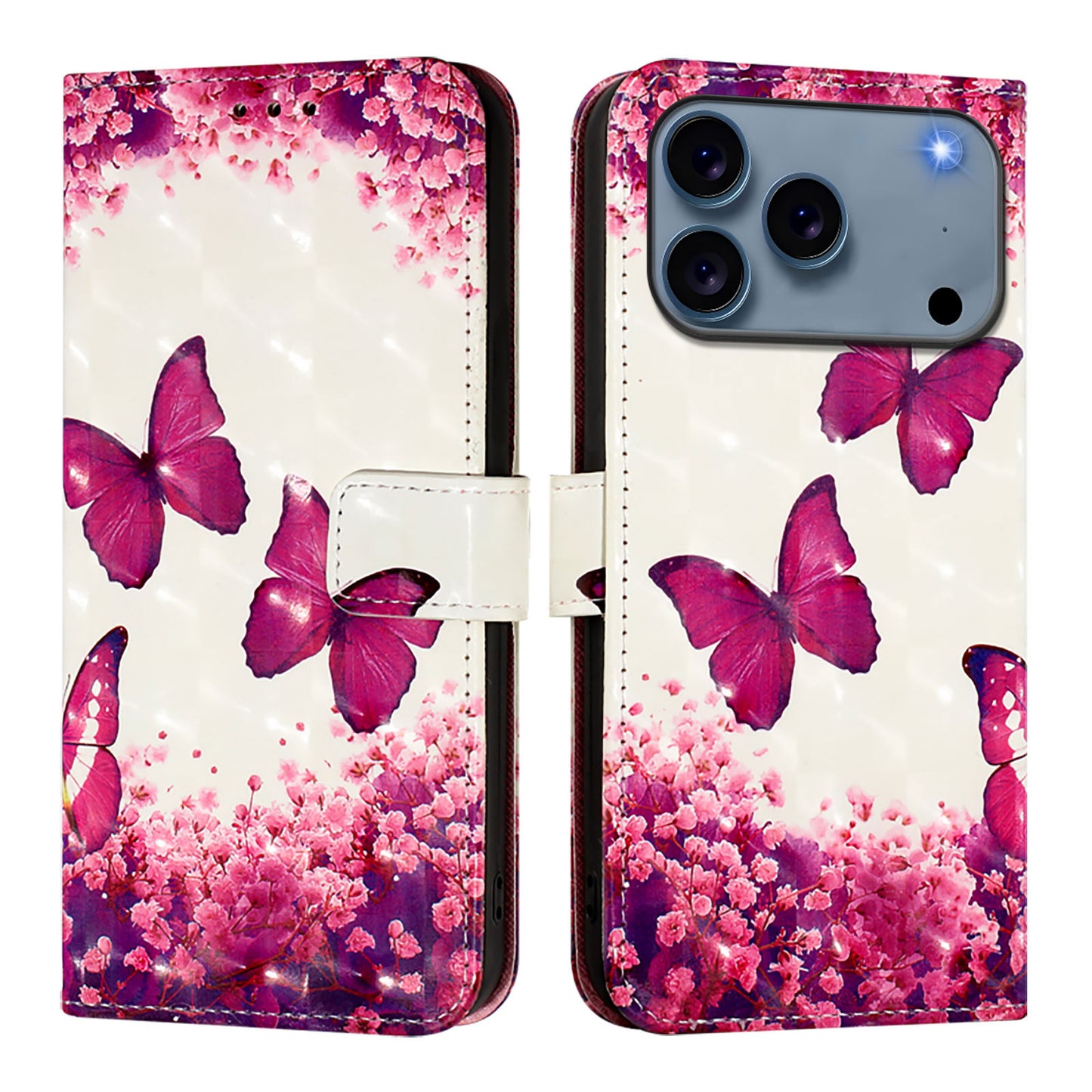 For iPhone 17 Pro Max Leather Case Pattern Printing Wallet Stand Mobile Cover with Strap - Rose Butterflies
