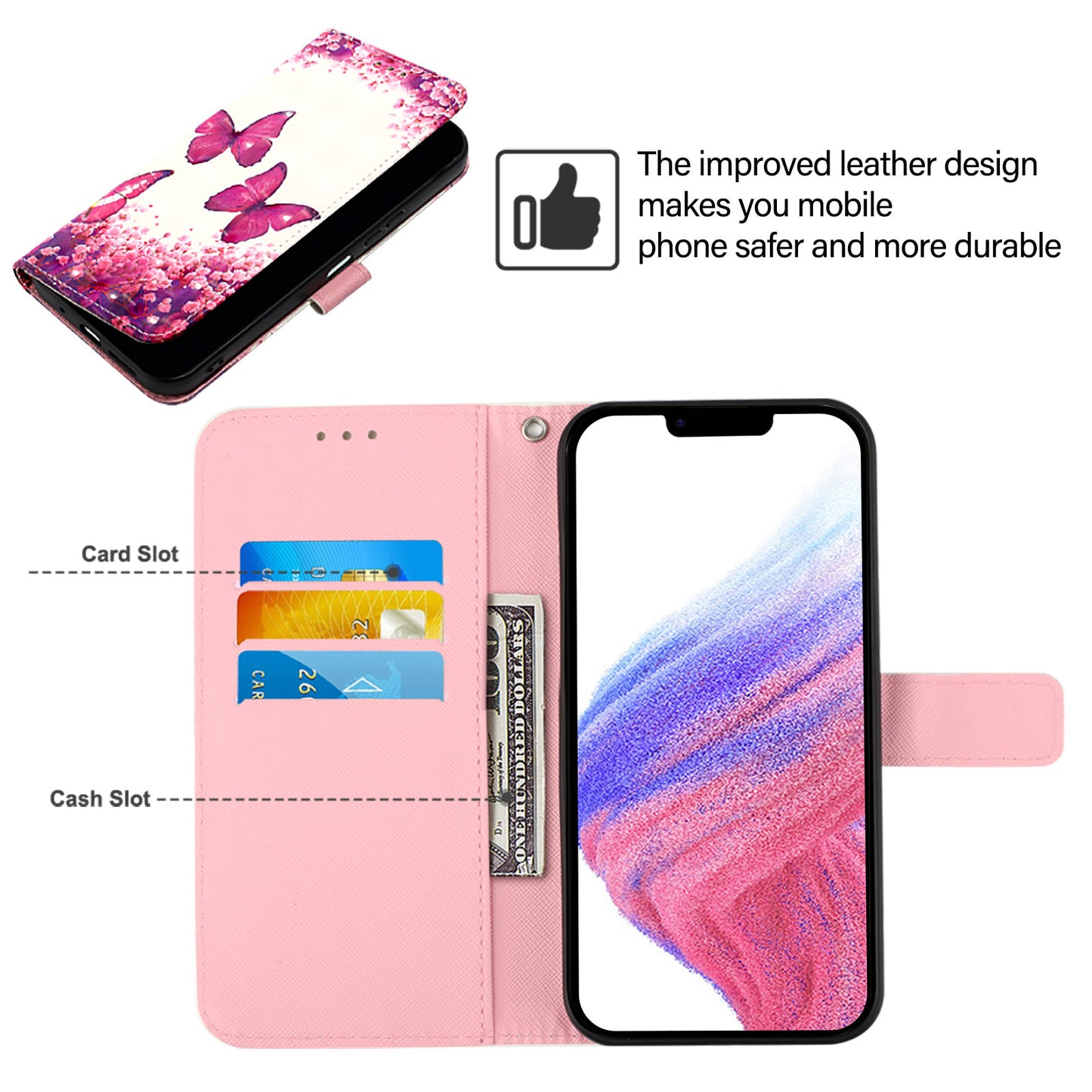 For iPhone 17 Pro Max Leather Case Pattern Printing Wallet Stand Mobile Cover with Strap - Rose Butterflies