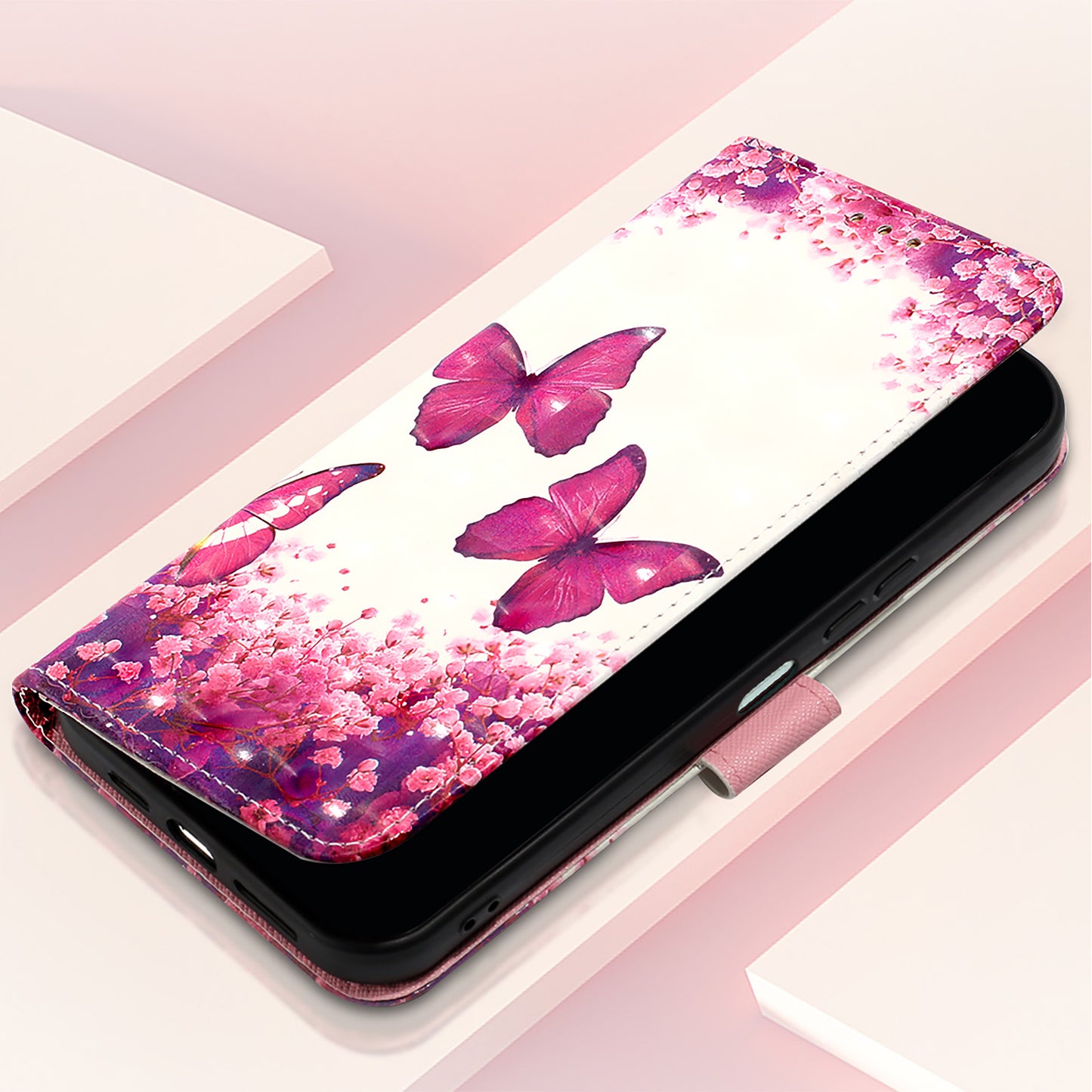 For iPhone 17 Pro Max Leather Case Pattern Printing Wallet Stand Mobile Cover with Strap - Rose Butterflies