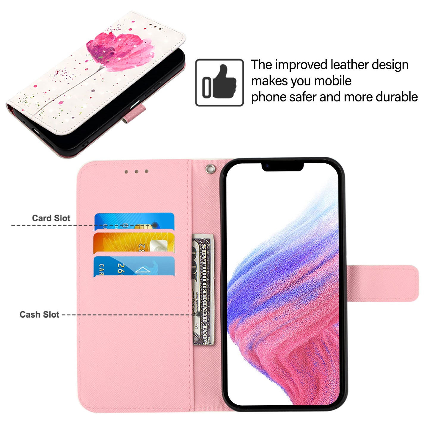 For iPhone 17 Pro Max Leather Case Pattern Printing Wallet Stand Mobile Cover with Strap - Flower