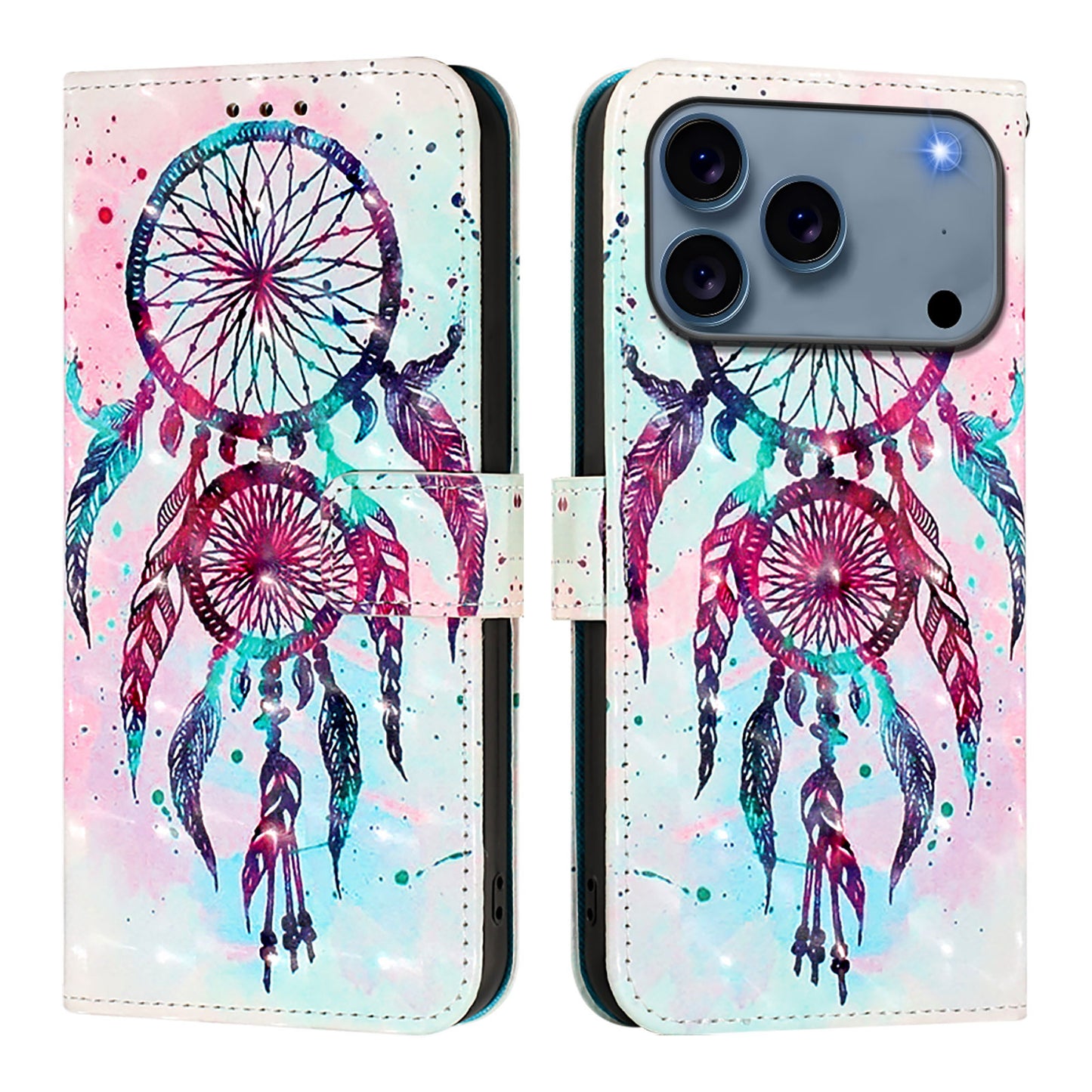 For iPhone 17 Pro Max Leather Case Pattern Printing Wallet Stand Mobile Cover with Strap - Colorful Wind Chime