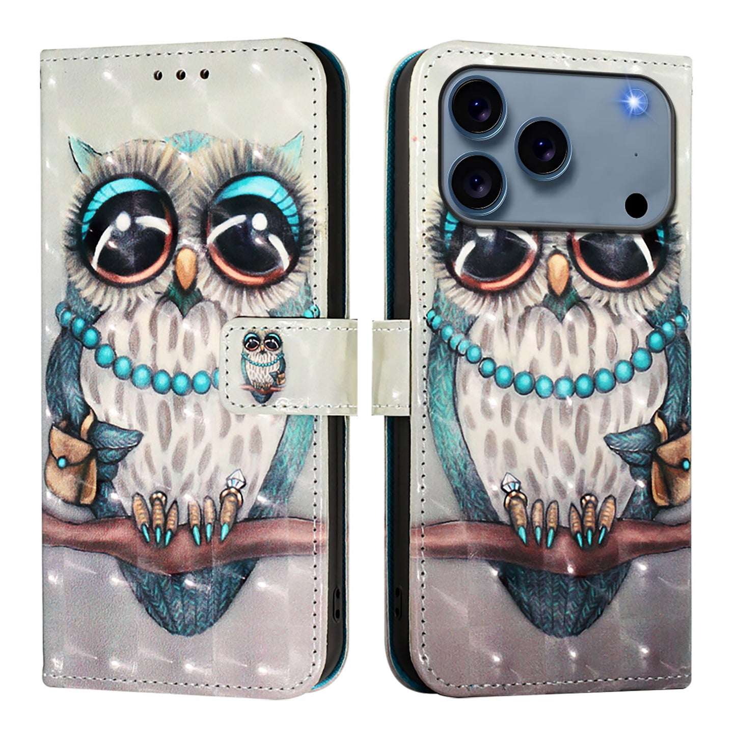For iPhone 17 Pro Max Leather Case Pattern Printing Wallet Stand Mobile Cover with Strap - Grey Owl