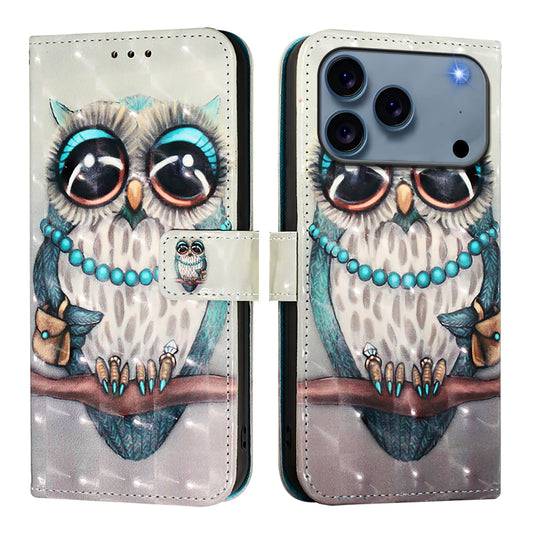 For iPhone 17 Pro Max Leather Case Pattern Printing Wallet Stand Mobile Cover with Strap - Grey Owl