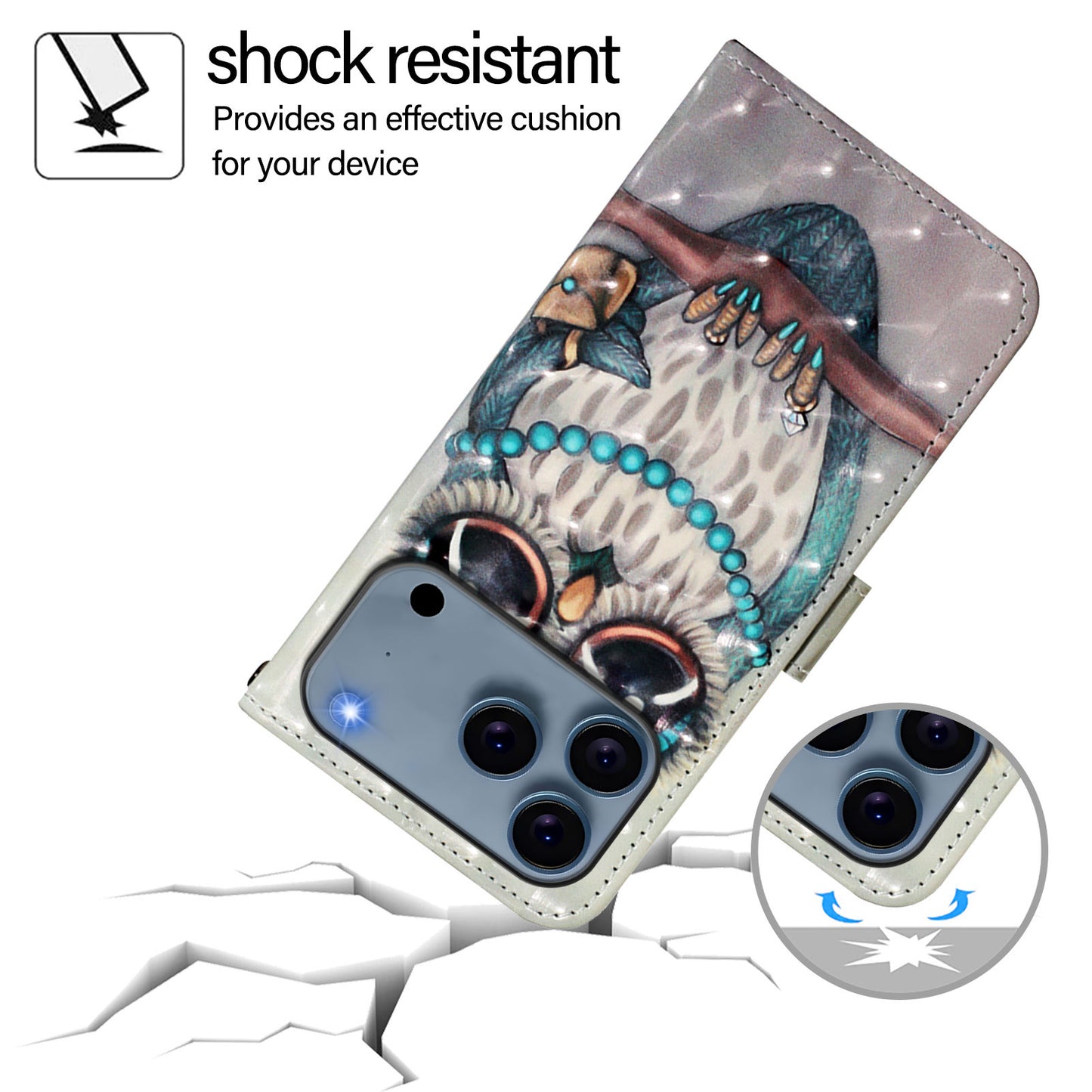 For iPhone 17 Pro Max Leather Case Pattern Printing Wallet Stand Mobile Cover with Strap - Grey Owl