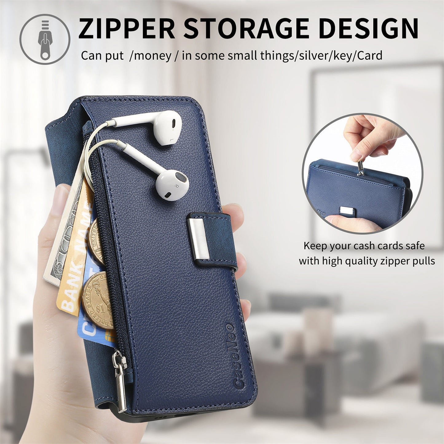 For Oppo Reno14 Pro 5G (Global) Case CASENEO MW-02 Detachable Magnetic Leather Flip Phone Cover - Dark Blue