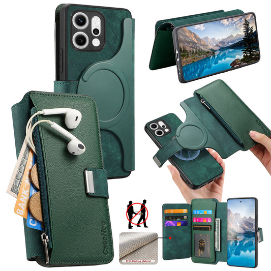 For Oppo Reno14 Pro 5G (Global) Case CASENEO MW-02 Detachable Magnetic Leather Flip Phone Cover - Green