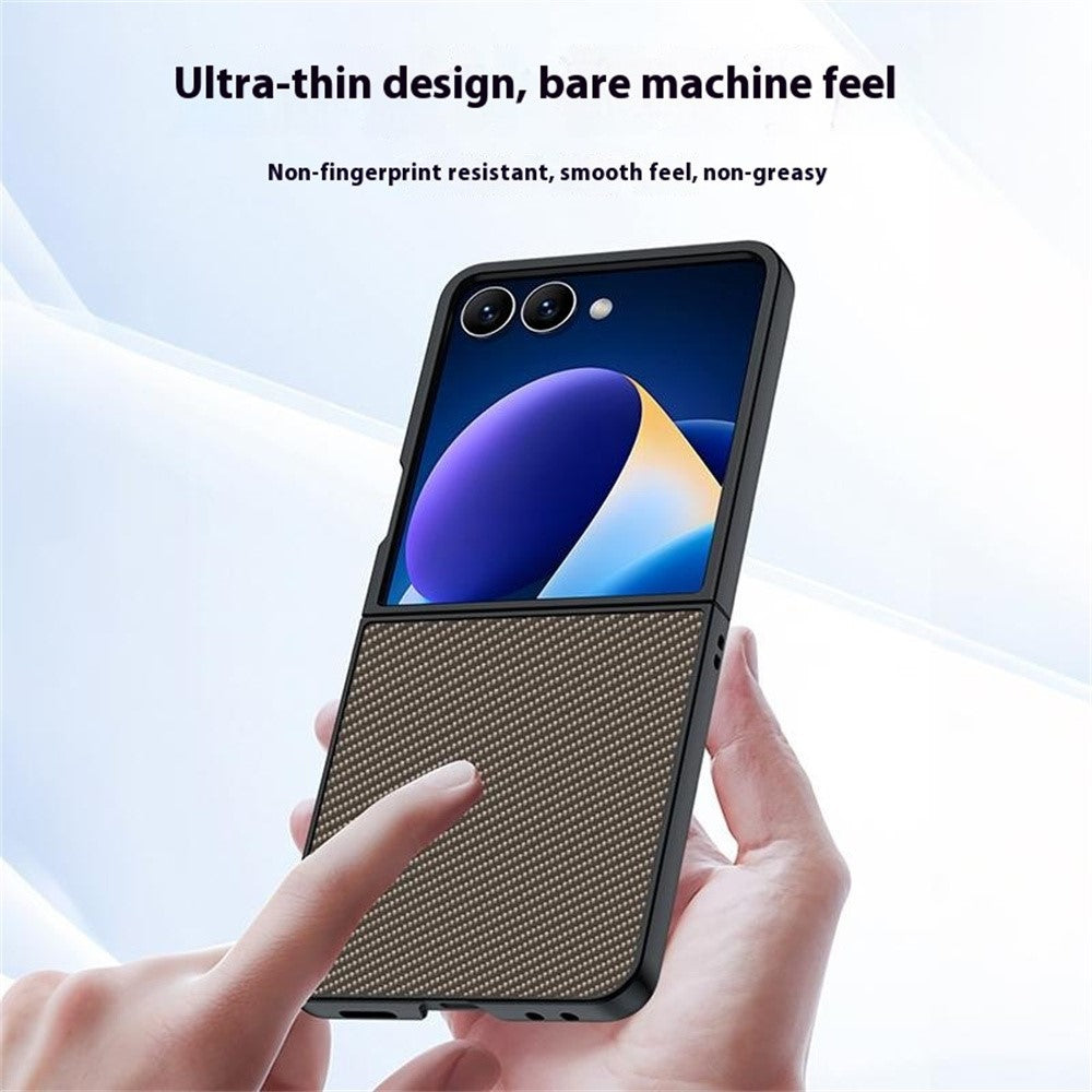 For Samsung Galaxy Z Flip7 5G Case Carbon Fiber Texture Leather + PC Anti-Drop Folding Phone Cover - Gold