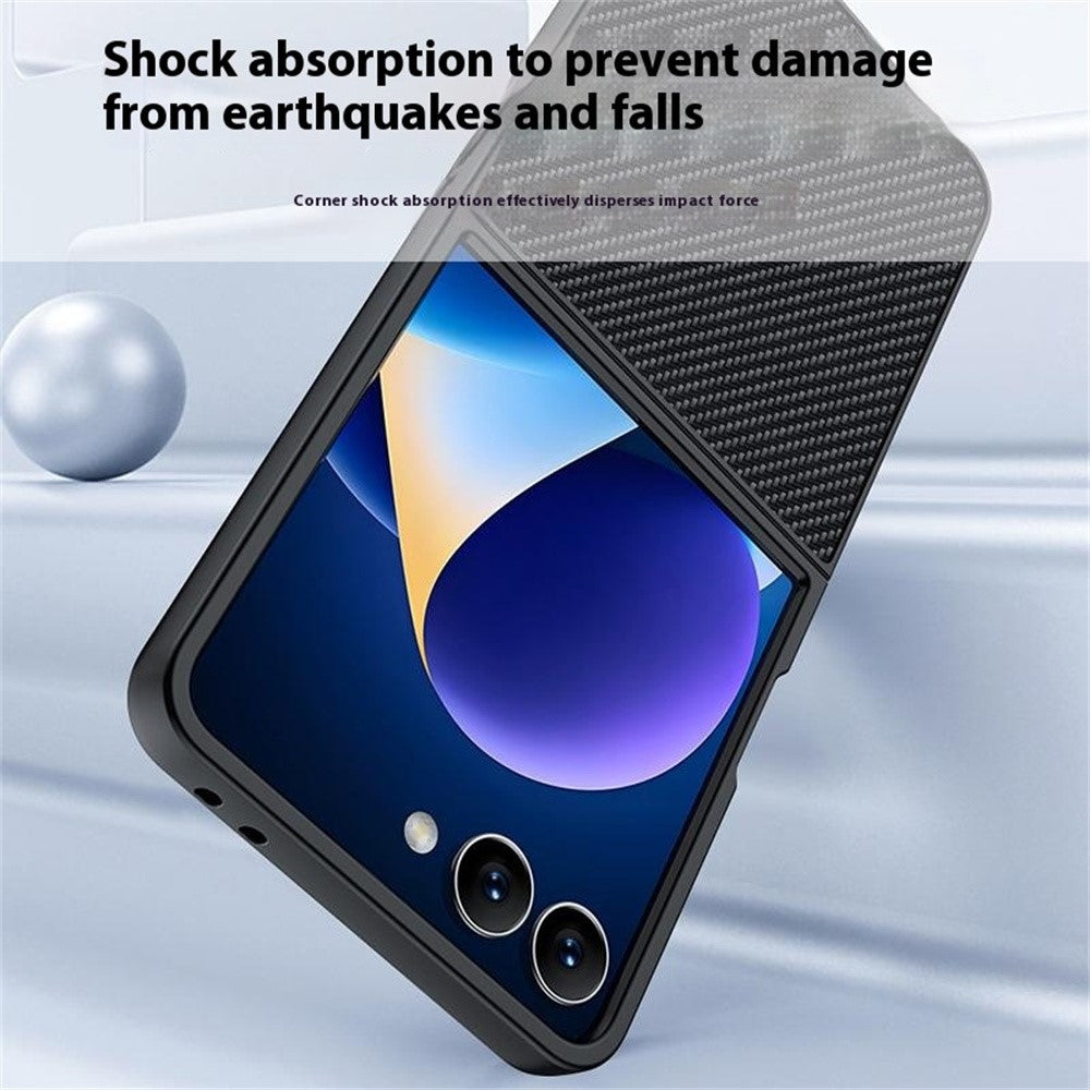 For Samsung Galaxy Z Flip7 5G Case Carbon Fiber Texture Leather + PC Anti-Drop Folding Phone Cover - Gold