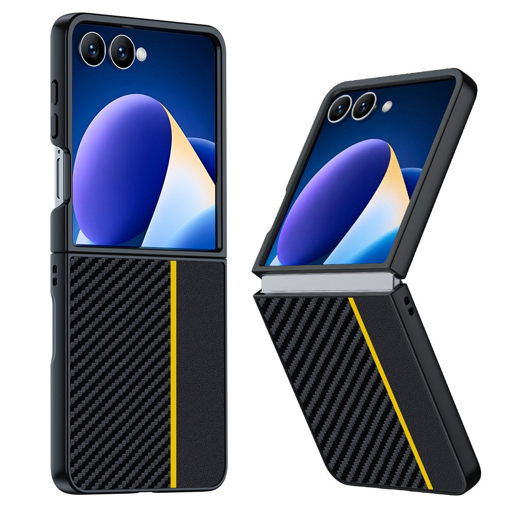For Samsung Galaxy Z Flip7 5G Case Carbon Fiber Texture Leather + PC Anti-Drop Folding Phone Cover - Black / Yellow