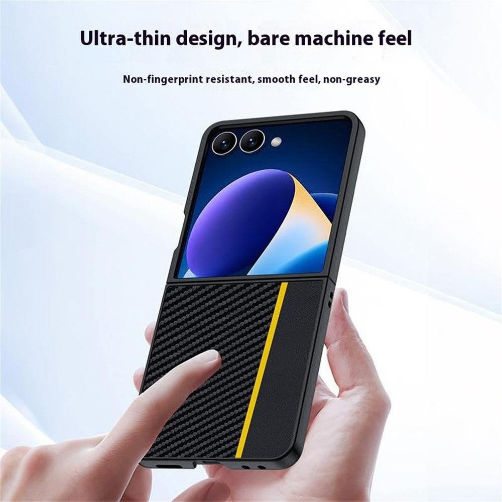 For Samsung Galaxy Z Flip7 5G Case Carbon Fiber Texture Leather + PC Anti-Drop Folding Phone Cover - Black / Yellow