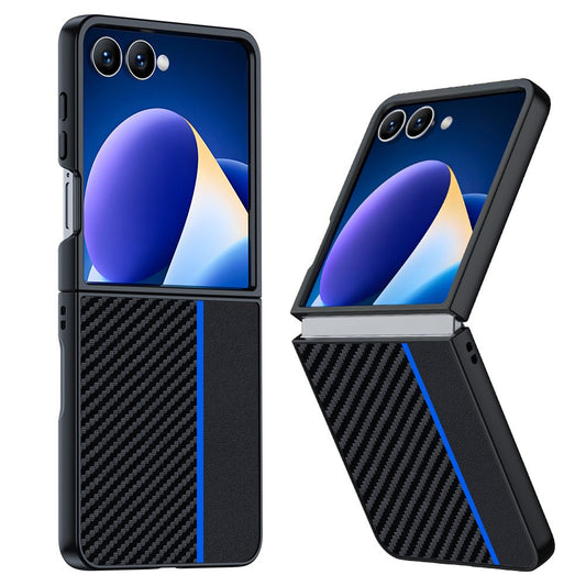 For Samsung Galaxy Z Flip7 5G Case Carbon Fiber Texture Leather + PC Anti-Drop Folding Phone Cover - Black / Blue