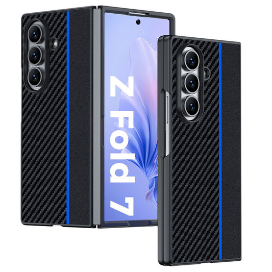 For Samsung Galaxy Z Fold7 5G Case Carbon Fiber Texture Leather + PC Anti-Drop Folding Phone Cover - Black / Blue