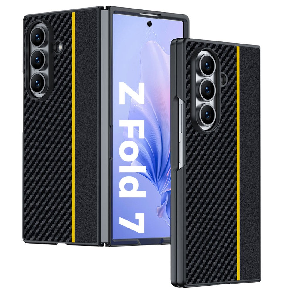 For Samsung Galaxy Z Fold7 5G Case Carbon Fiber Texture Leather + PC Anti-Drop Folding Phone Cover - Black / Yellow