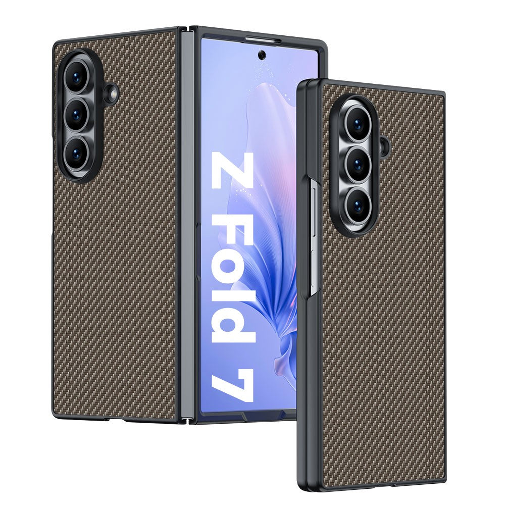 For Samsung Galaxy Z Fold7 5G Case Carbon Fiber Texture Leather + PC Anti-Drop Folding Phone Cover - Gold