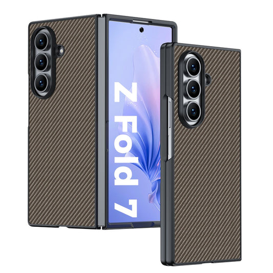 For Samsung Galaxy Z Fold7 5G Case Carbon Fiber Texture Leather + PC Anti-Drop Folding Phone Cover - Gold