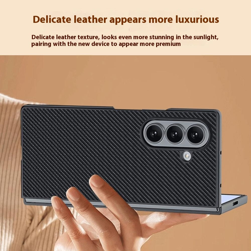 For Samsung Galaxy Z Fold7 5G Case Carbon Fiber Texture Leather + PC Anti-Drop Folding Phone Cover - Gold
