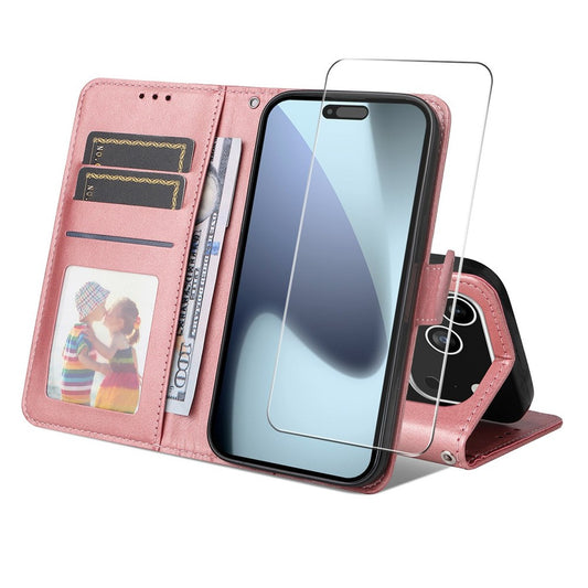 ENKAY HAT PRINCE For iPhone 17 Pro Max Wallet Case Calf Texture Leather Phone Stand Cover with Thick Adhesive Screen Film  /  Strap - Pink