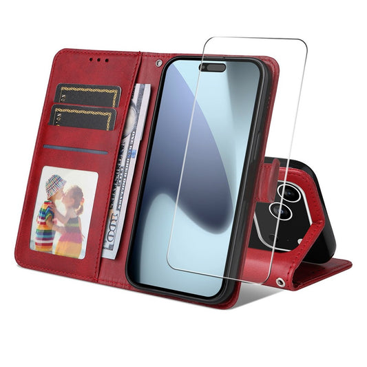 ENKAY HAT PRINCE For iPhone 17 Pro Max Wallet Case Calf Texture Leather Phone Stand Cover with Thick Adhesive Screen Film  /  Strap - Red