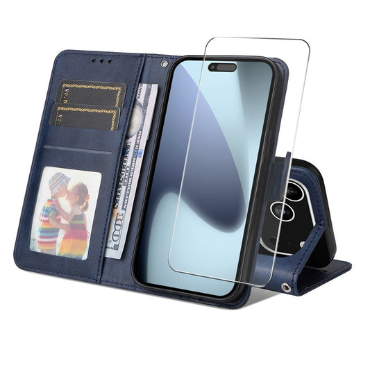 ENKAY HAT PRINCE For iPhone 17 Pro Max Wallet Case Calf Texture Leather Phone Stand Cover with Thick Adhesive Screen Film  /  Strap - Blue