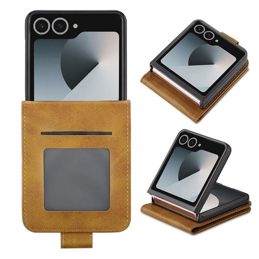 LC.IMEEKE For Samsung Galaxy Z Flip7 5G Case Card Holder Calf Texture PU Leather Folding Phone Cover - Yellow